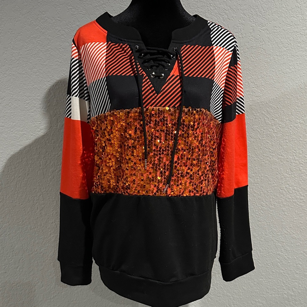 Colorblock Sequin Lace-Up Sweater